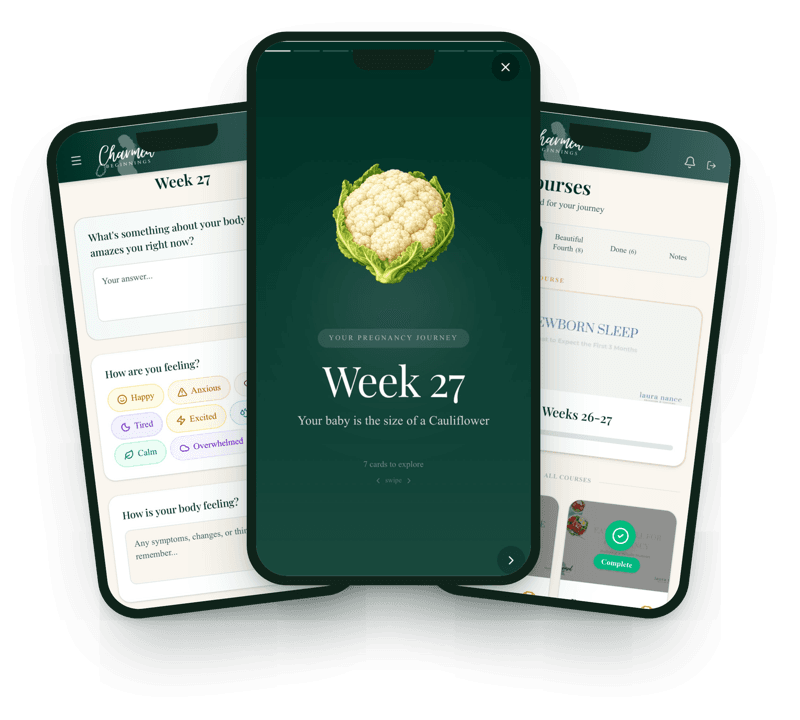 Charmed Beginnings app showing weekly pregnancy updates, journal, and courses